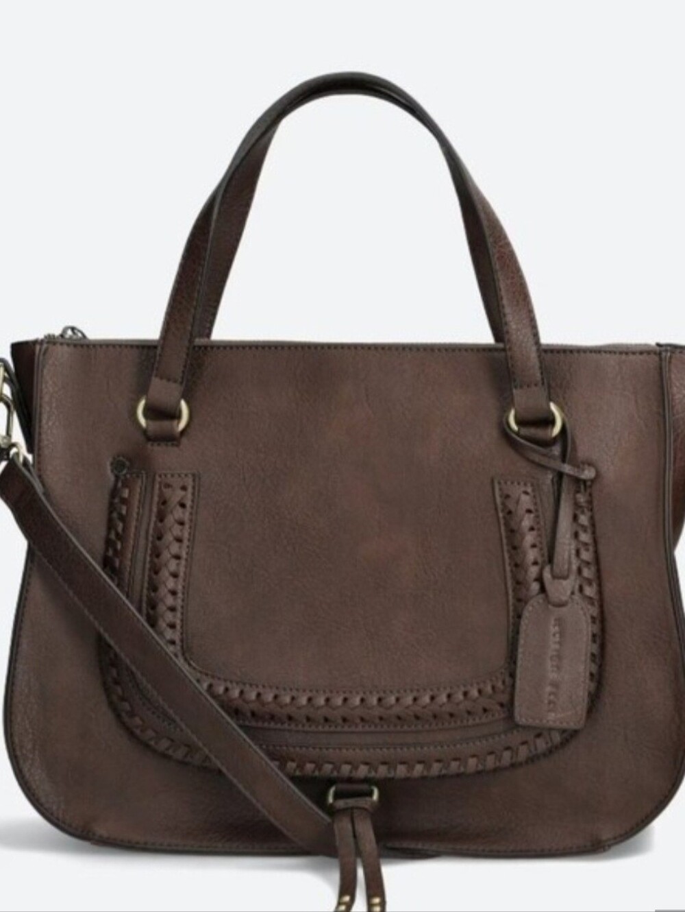 Women's Brown Woven-Trim Leather Tote